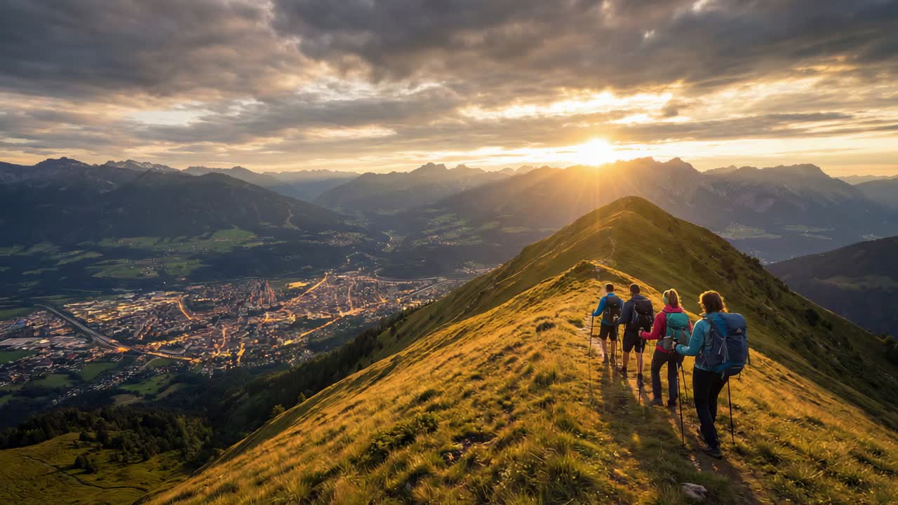 Cinque escursionisti che scalano un crinale erboso verso la cima, con giacche e zaini da giorno, spazio per il testo