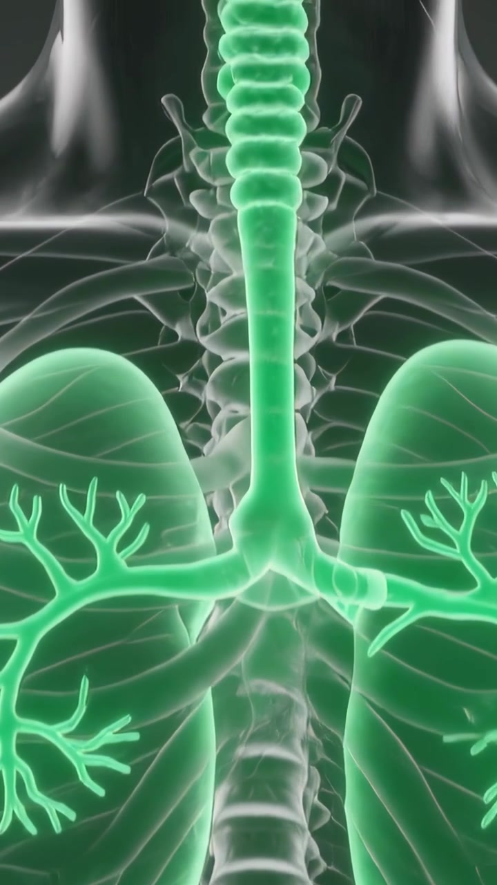Video verticale: Zoom della telecamera che rivela trachea e bronchi che salgono nel torace, con polmoni e colonna vertebrale.