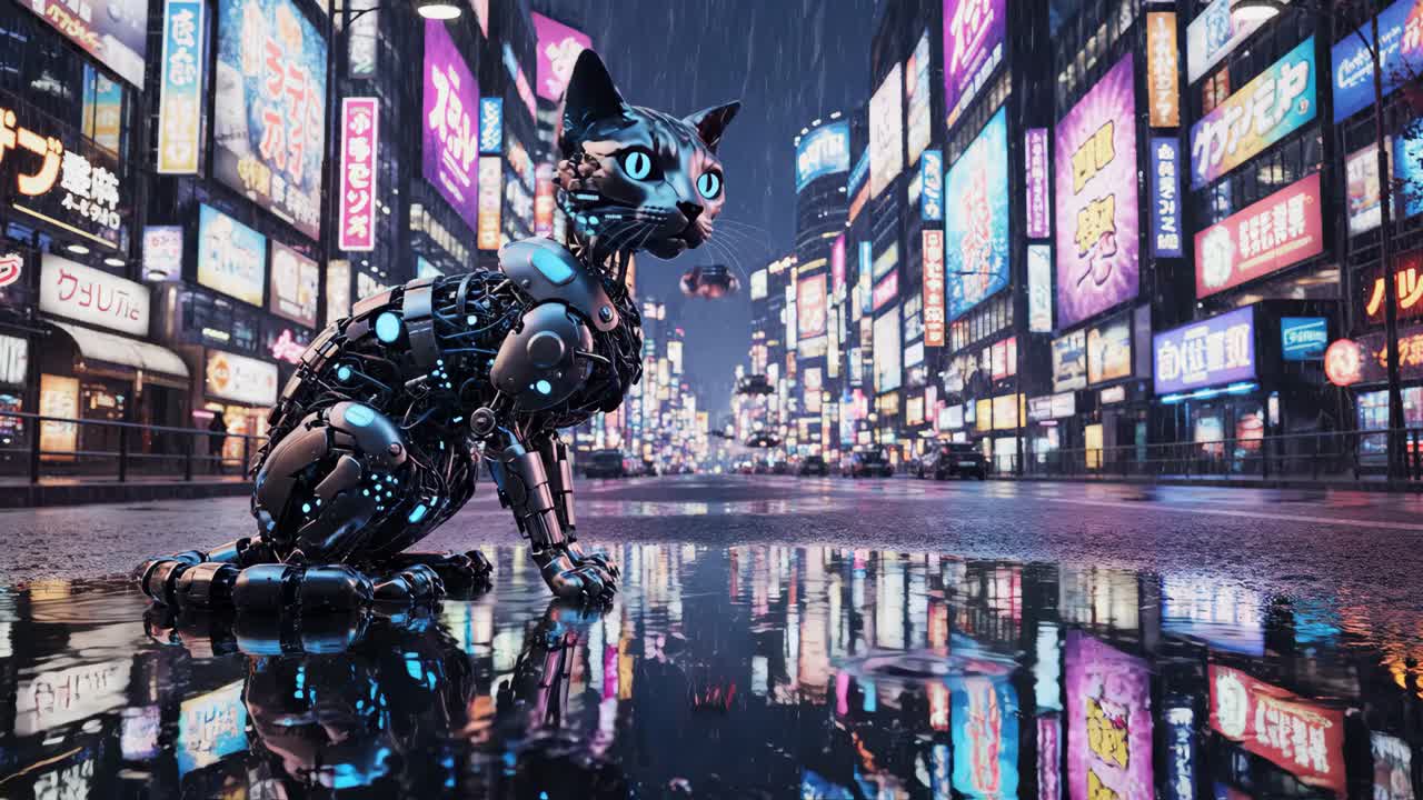 Robotic Cat in a Cyberpunk City