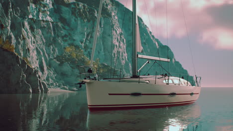yate en el mar con isla rocosa verde