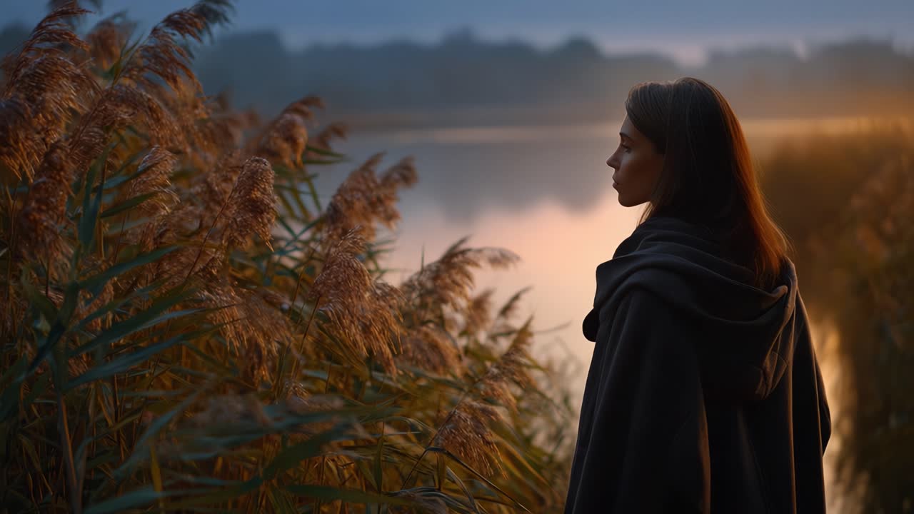 Una donna contemplativa sta accanto a uno specchio d'acqua sereno, circondata da alte canne mentre il sole tramonta, proiettando un caldo bagliore sul paesaggio tranquillo, evocando pace e riflessione
