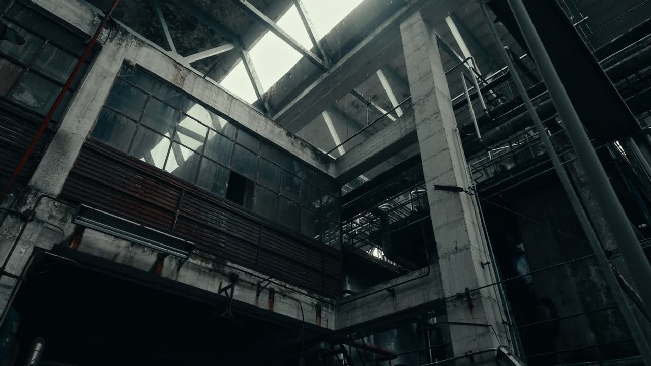 Dark Interior of a Derelict Concrete Industrial Building