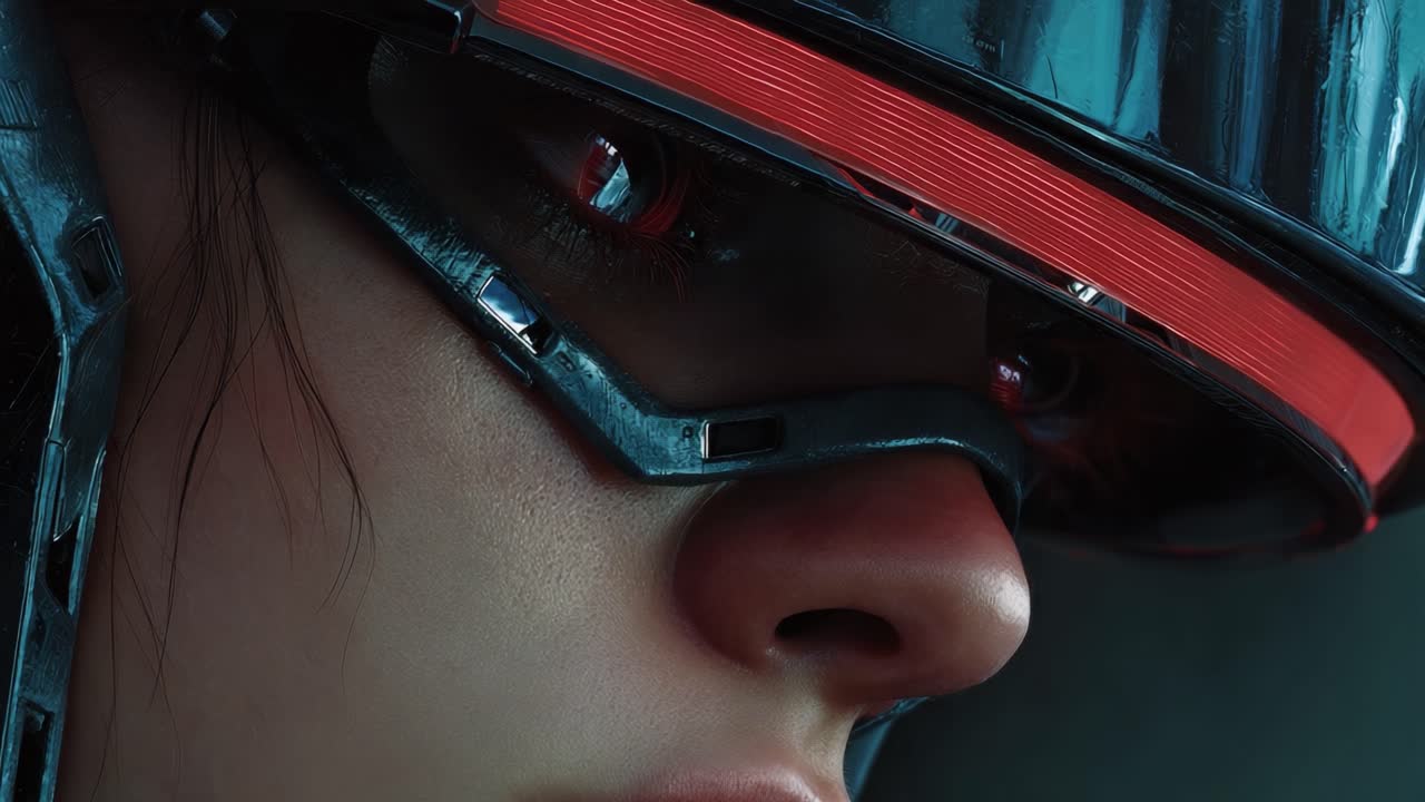 Intensely Reflective Close-Up of a Futuristic Helmeted Figure with a Glaring Gaze, Revealing Advanced Technology and Emotion Through an Intriguing Expression