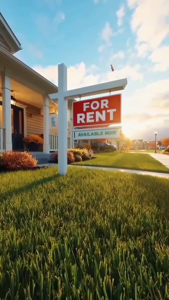 Low-angle video shot of a 'For Rent' sign on a lawn, capturing a sunny suburban street