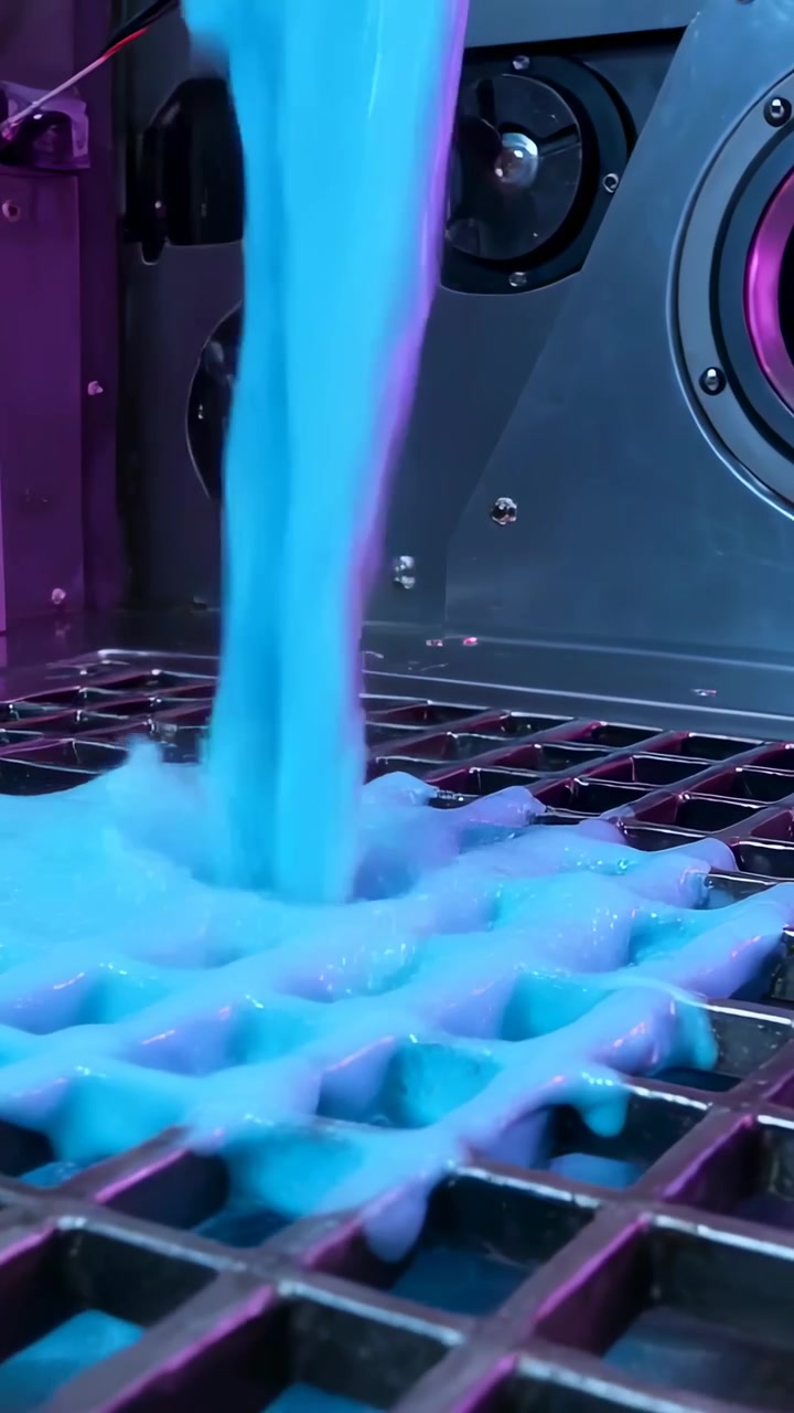 Video vertikal: Menuangkan gel biru cerah dari nosel di atas, mengisi kisi logam di dalam wadah