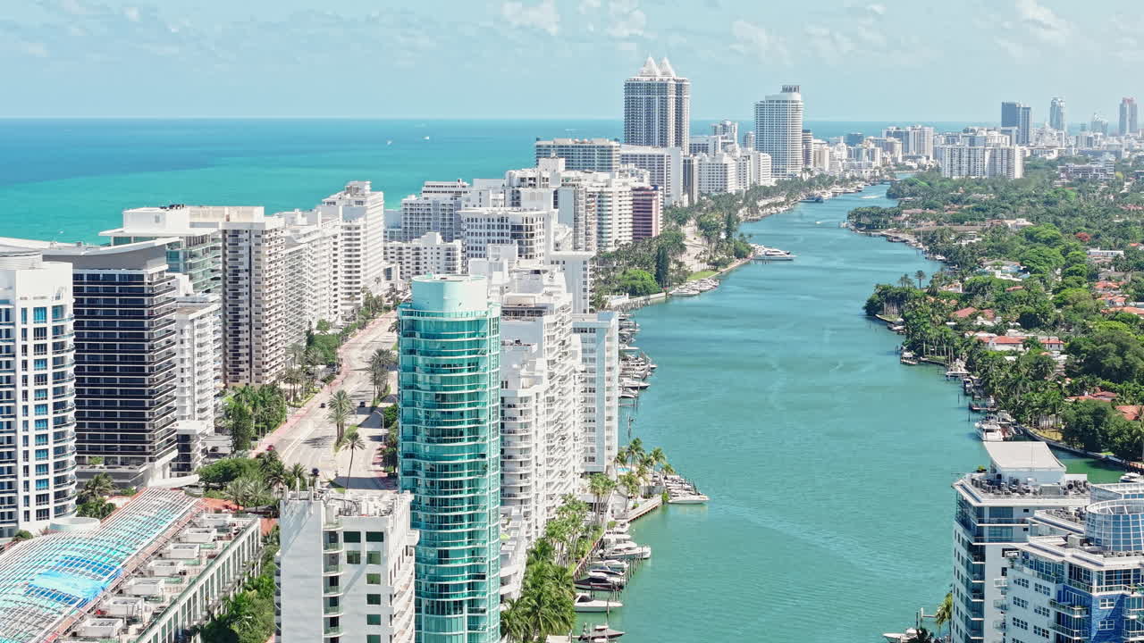 Miami Beach, Florida USA, Drone Shot of Traffic, Indian Creek and Beachfront Towers