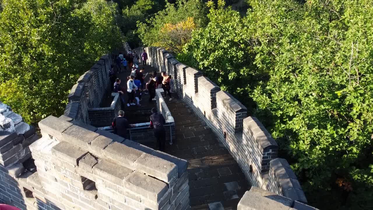 Aerial view of crowd hiking the stairs at the Mutianyu Great Wall of China