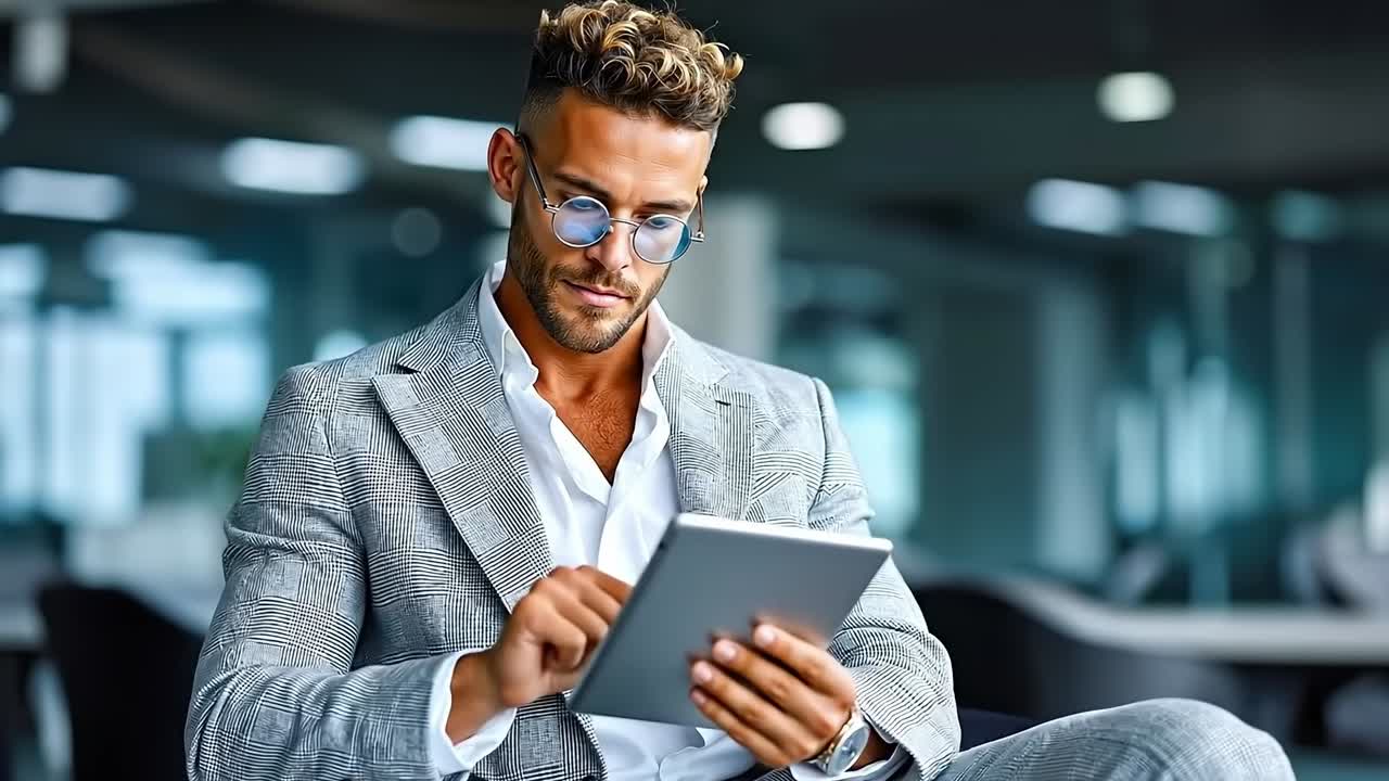 A man in a suit and glasses using a tablet computer