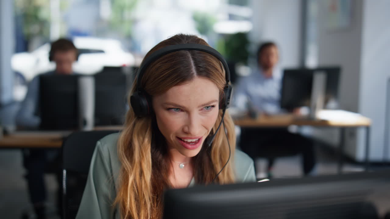 Telemarketing specialist talking headphones sell services in office closeup