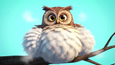 an adorable animated owl character perched on a branch, displaying a range of emotions from curiosity to indifference in a colorful background