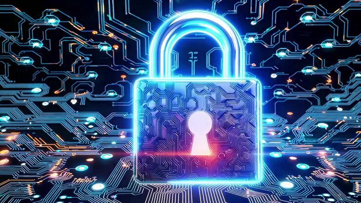 Cybersecurity Concept with Digital Padlock on Circuit Board