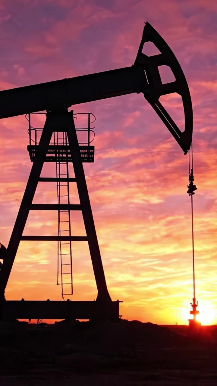 Silhouetted Oil Pumping Rig Against Colorful Sunset Sky, Highlighting Industrial Machinery and the Beauty of Nature in a Moment of Transition