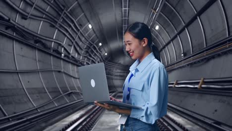 side view of asian female with her laptop in underground subway tunnel, typing on her laptop's keybaord with meditation