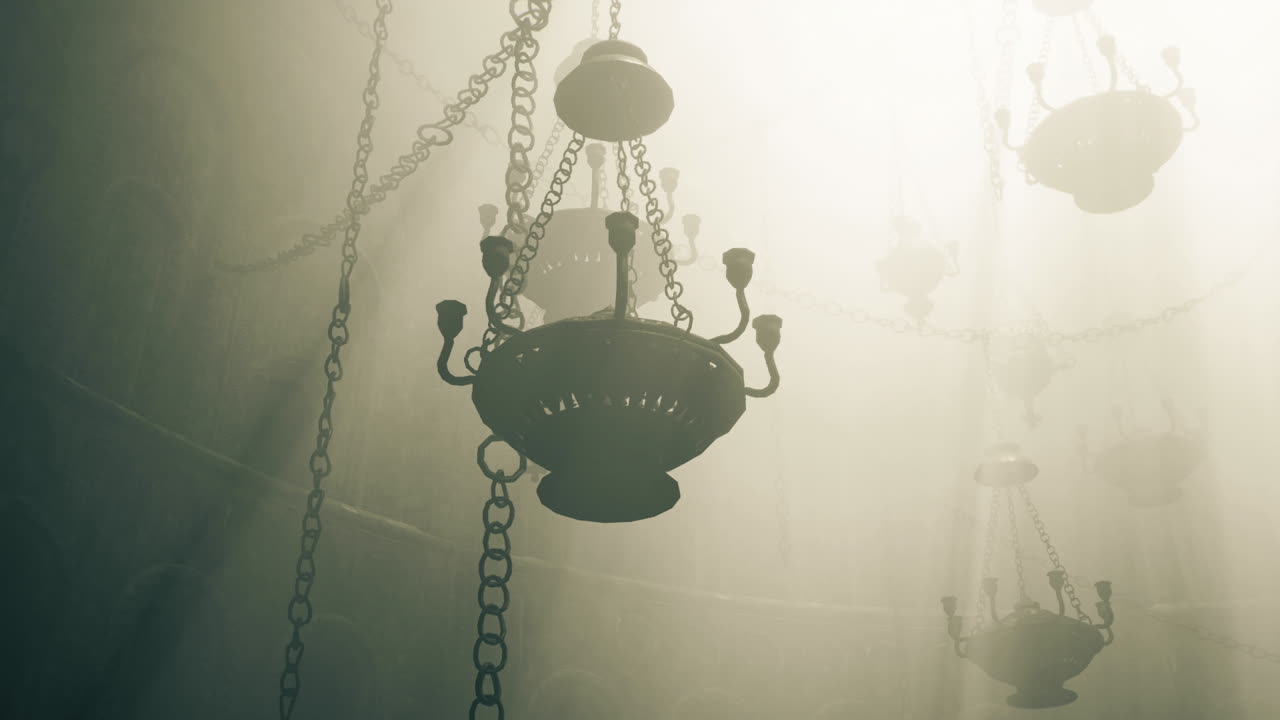 Floating fixtures create mysterious glow behind bright candles