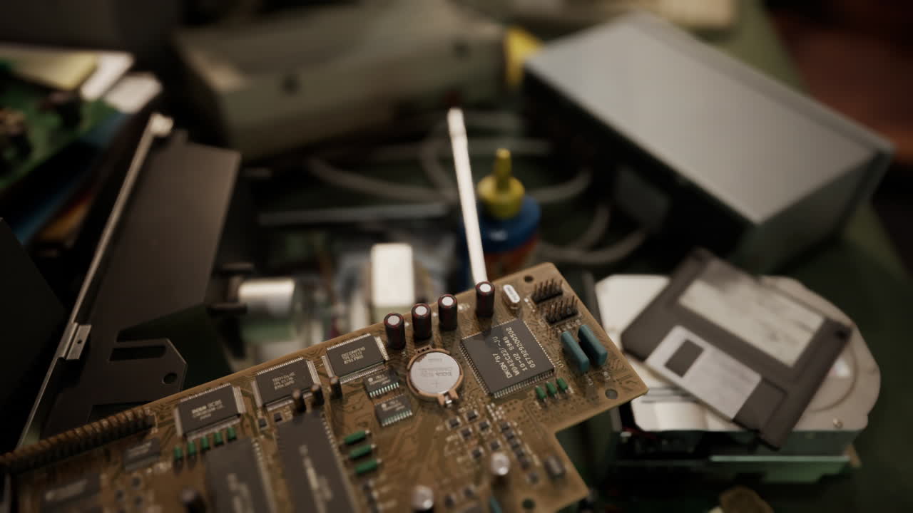 오래된 컴퓨터 플로피 디스크와 메인보드