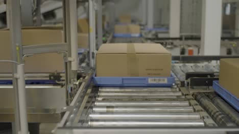 cardboard box on a conveyor belt moving through an automated warehouse distribution system