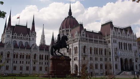 hungarian parliament building front-side view with horse stature in foreground