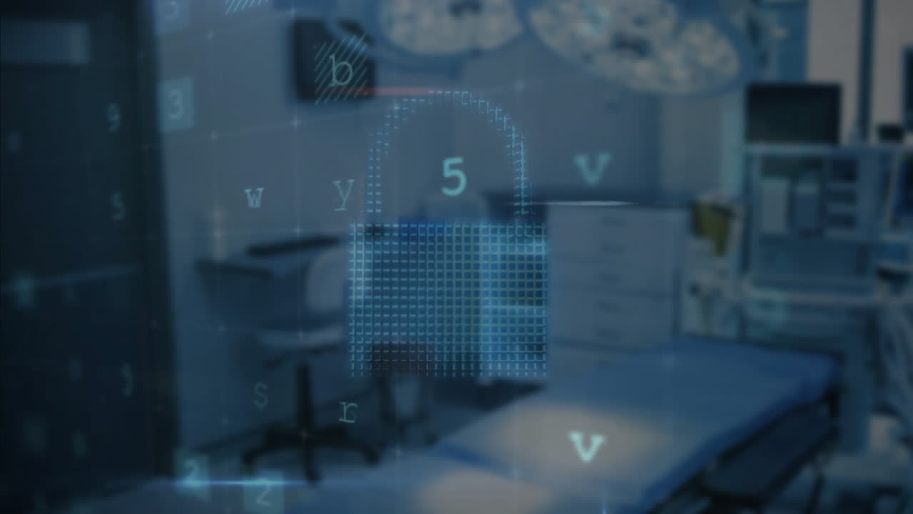 Animation of cyber security warning text and padlock over office