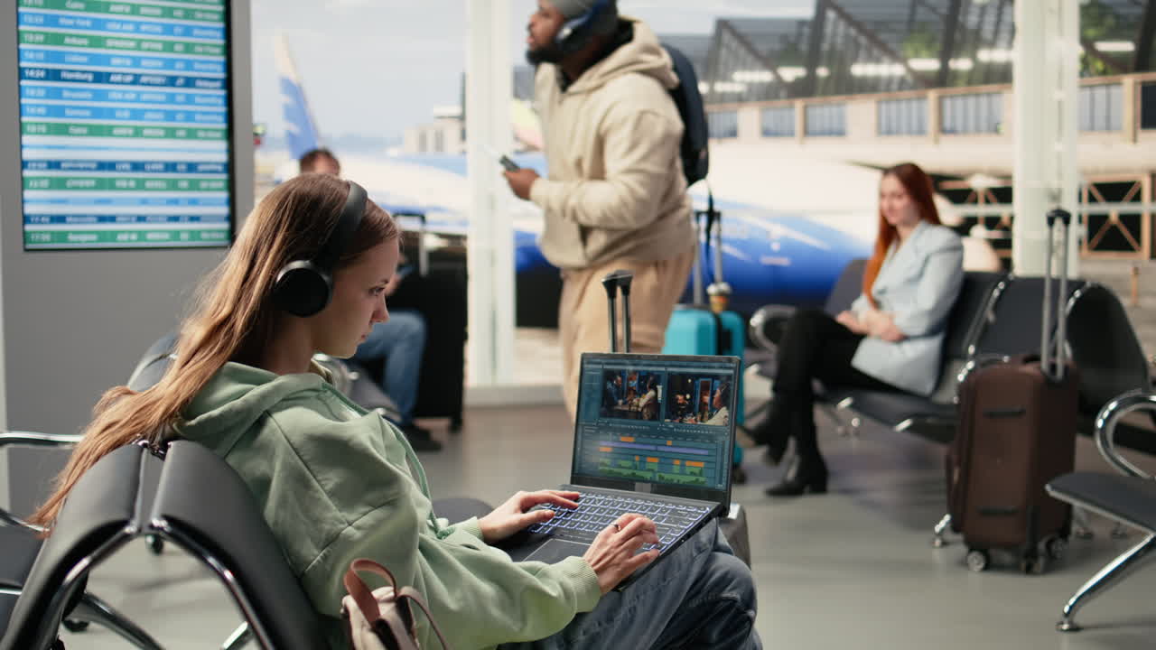 Young woman videographer working on video production in airport waiting area