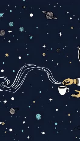 two hands are pouring cosmic latte art into a cup, surrounded by planets, stars, and swirling nebulae, creating a whimsical and dreamy space themed coffee scene