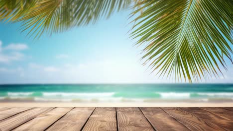 a tropical beach scene viewed from a low angle, featuring wooden planks and palm leaves