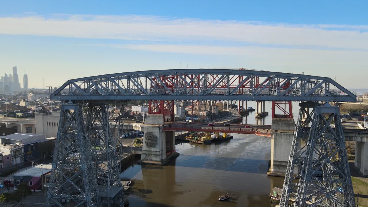 Flight over Old Nicolas Avellaneda Transporter Bridge, La Boca, Buenos Aires, Argentina