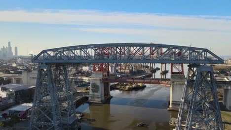 Flight-Over-Old-Nicolas-Avellaneda-Transporter-Bridge,-La-Boca,-Buenos-Aires,-Argentina