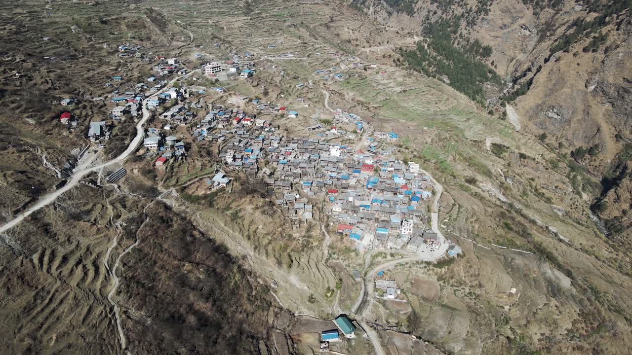 drone view of Mountain village Gatlang, Rasuwa, Nepal.