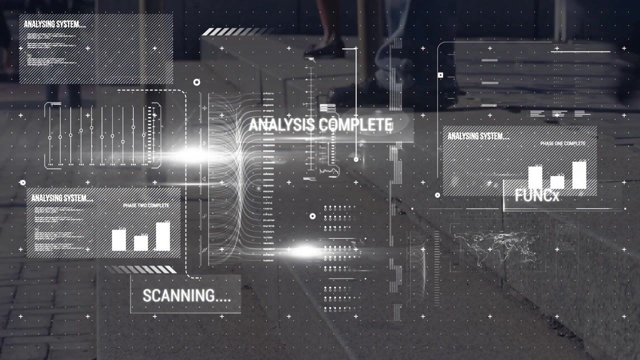 Scanning and analysis system functioning animation over urban street background