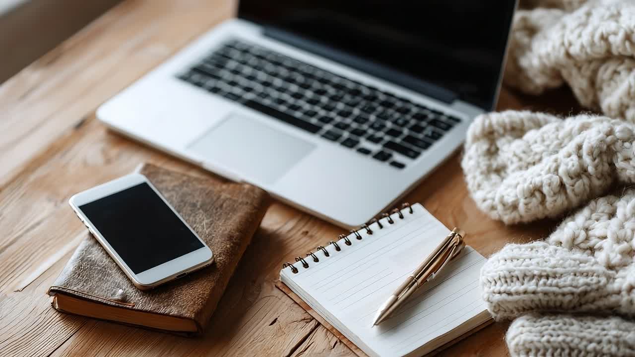 A Cozy Workspace with a Laptop, Notepad, and Smartphone: Perfect for Inspiration and Productivity in a Relaxing Environment
