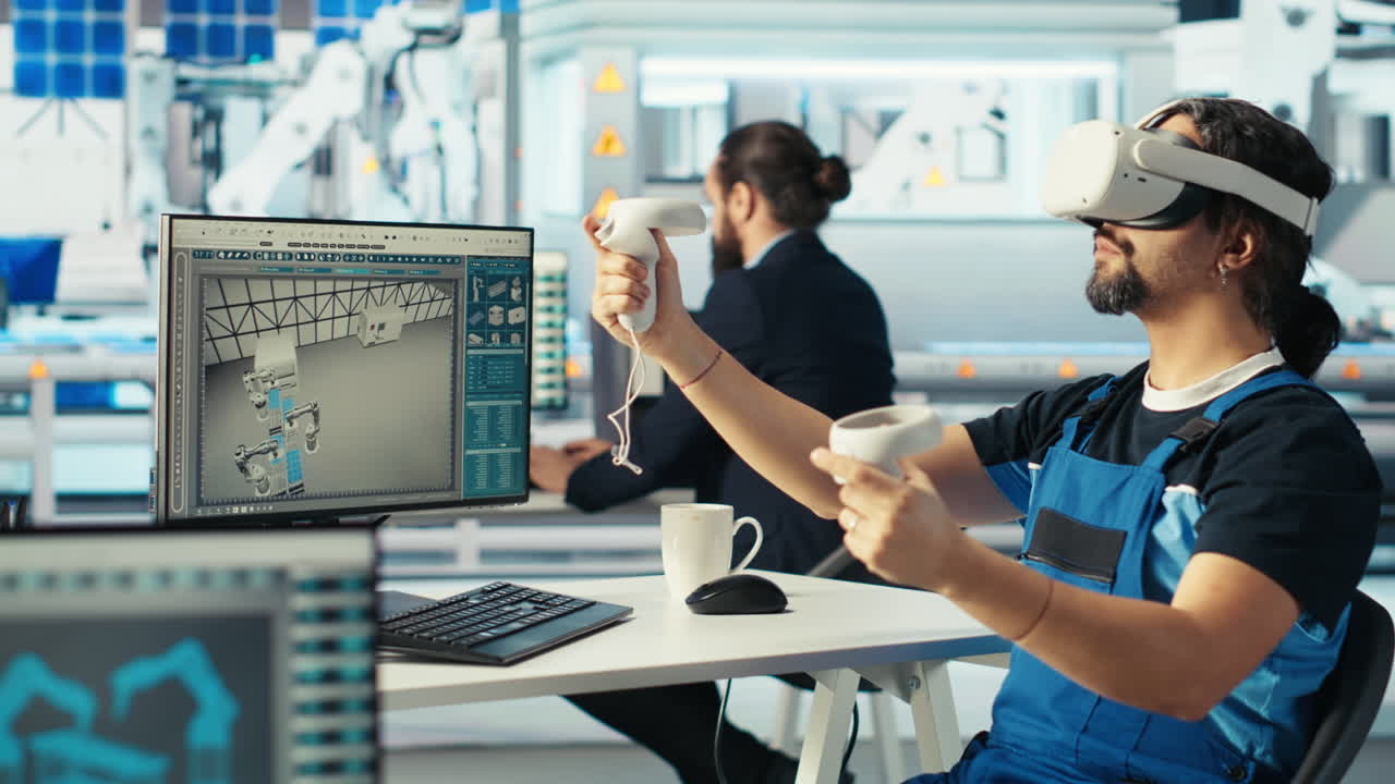 태양광 공장 기술자가 시스템 매개 변수를 조정하기 위해 vr 헤드을 사용합니다.