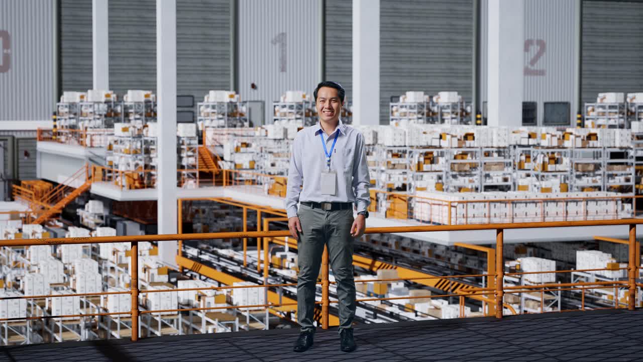 cuerpo lleno de hombre de negocios asiático sonriendo cálidamente en el almacén