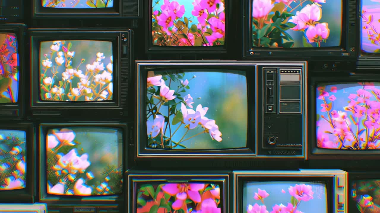積み重ねられたヴィンテージのCRTテレビが、アナログの歪みと色収差を伴いながら、鮮やかなピンクの桜と春の自然の風景を表示しています。懐かしいメディアの背景。