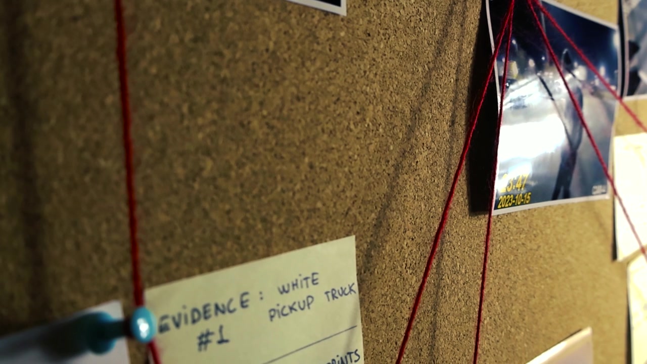 Unsolved crime investigation board with a suspect silhouette, pictures, notes, and red thread connecting the clues. A law enforcement agency is working to solve a criminal case and find the killer