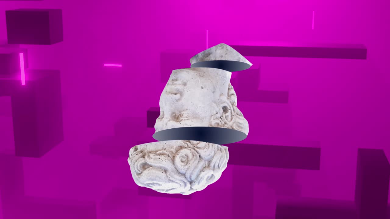 animación de esculturas de cabezas antiguas, rastros de luz y formas abstractas que se mueven sobre un fondo rosa