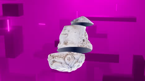 animación de esculturas de cabezas antiguas, rastros de luz y formas abstractas que se mueven sobre un fondo rosa