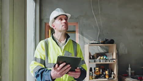 trabajador de la construcción inspeccionando un sitio de construcción con una tableta digital