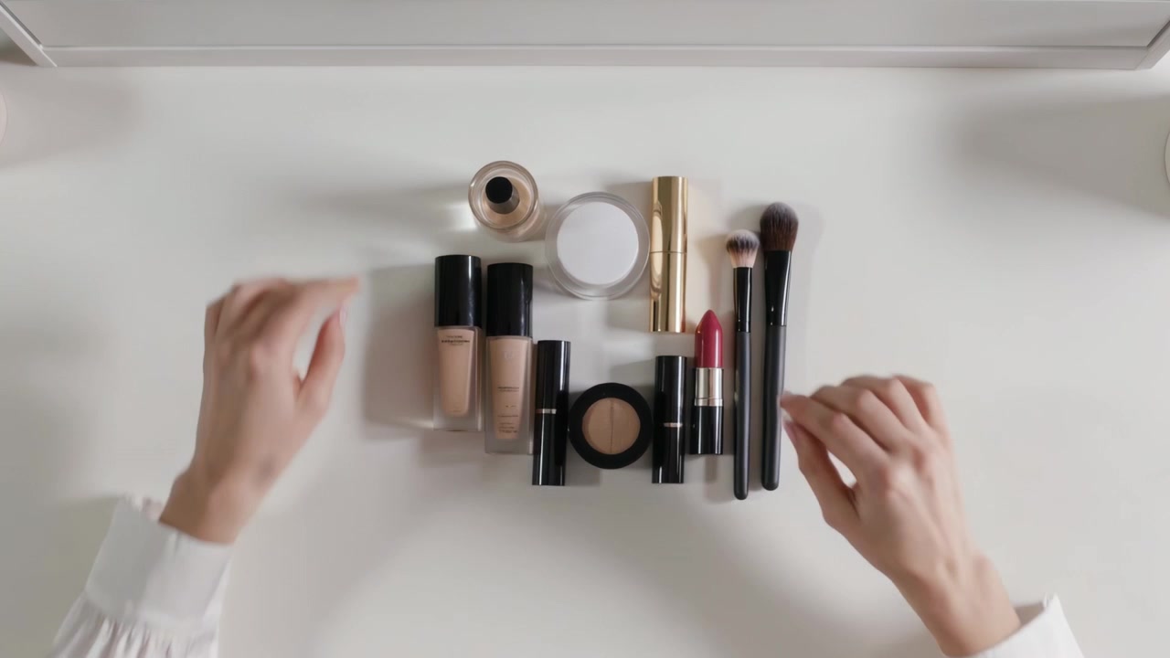 Hands entering frame in cuffs picking foundation, aligning makeup on vanity tray, creating balance