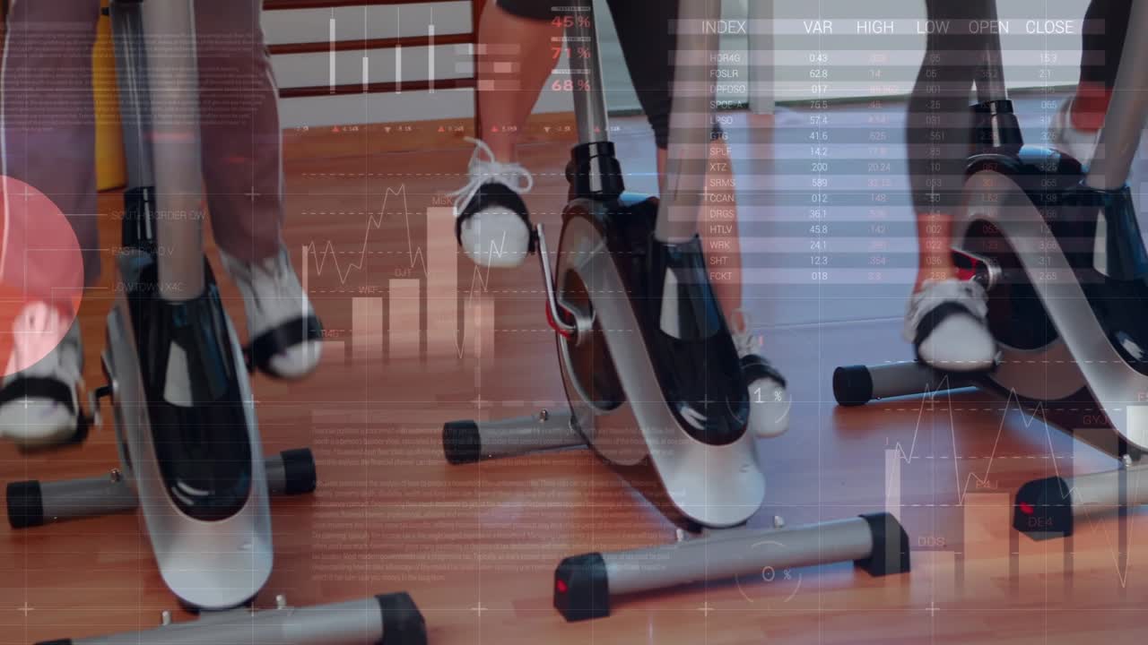 Animazione di elaborazione dati su diverse persone che praticano sport.