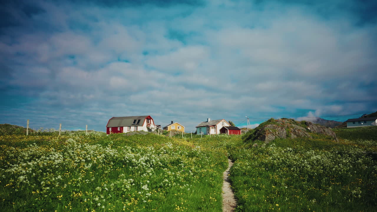 Picturesque nordic landscape. Bright blue sky, vibrant green grass with blooming flowers. Colorful wooden houses in the background.
Norwegian landmark in summertime.