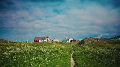 picturesque nordic landscape. bright blue sky, vibrant green grass with blooming flowers. colorful wooden houses in the background.
norwegian landmark in summertime.