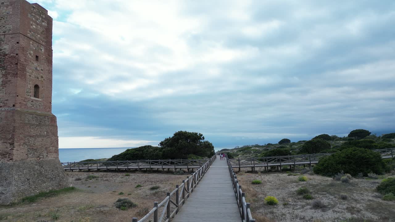 Drone video of a beach in southern Spain, where people enjoy taking a walk along a wooden path along the beach.