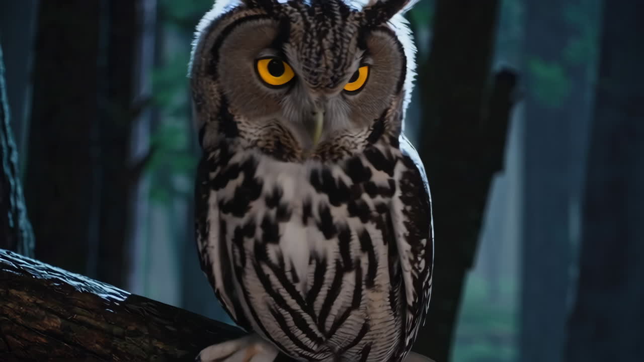 Сова в лесу ночью.