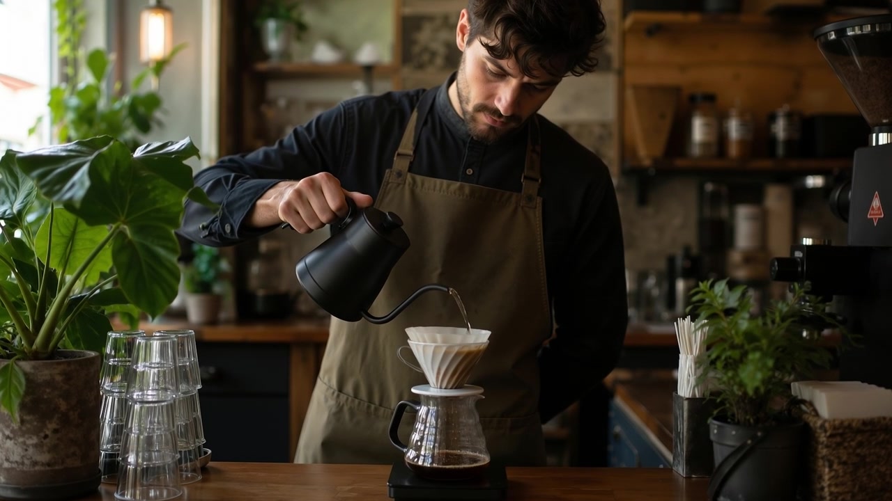Barista professionista che versa acqua calda da un bollitore a collo d'oca in una caffettiera a filtro per versamento