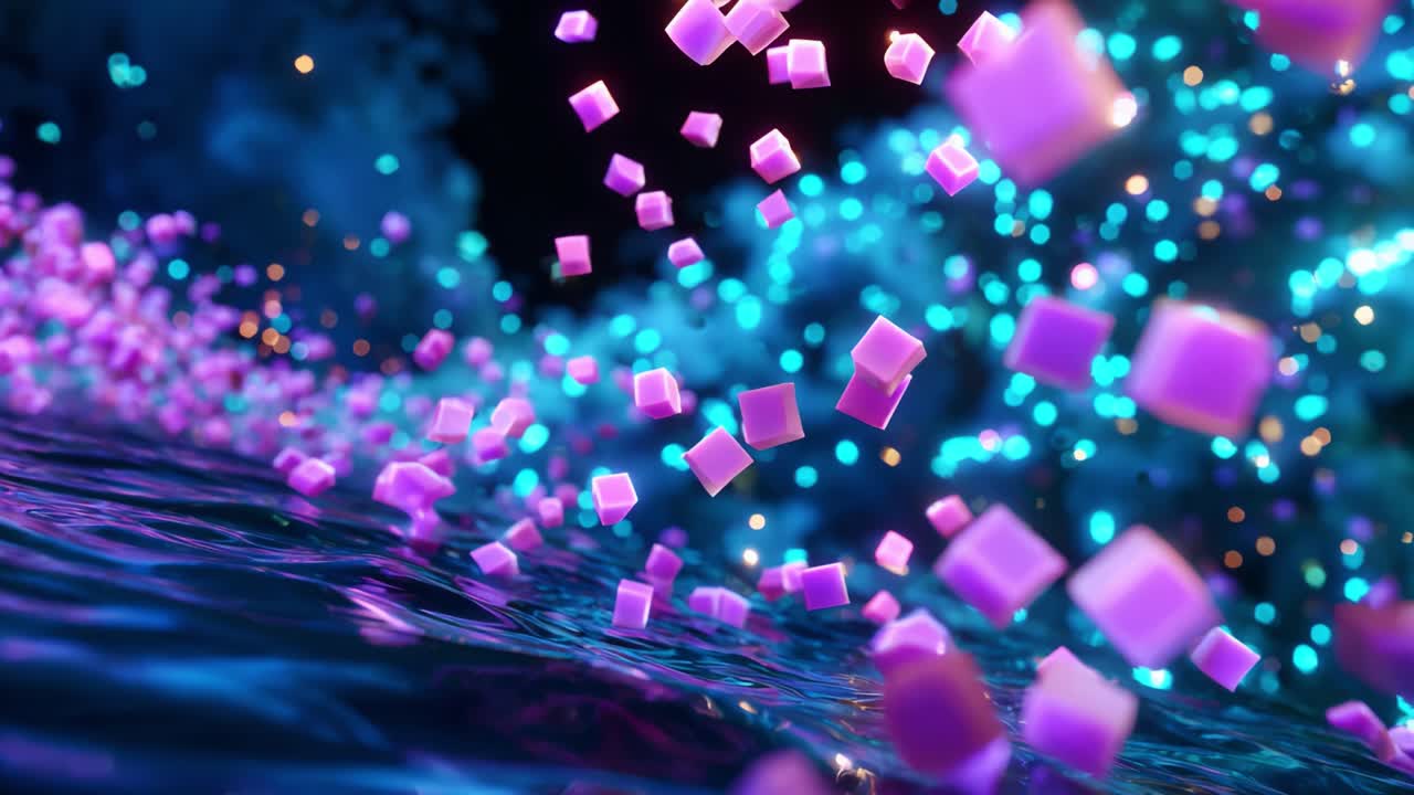 A mesmerizing visual journey through a vibrant world of floating purple cubes amidst a backdrop of sparkling blue and teal lights, creating a dreamlike atmosphere of swirling motion and depth