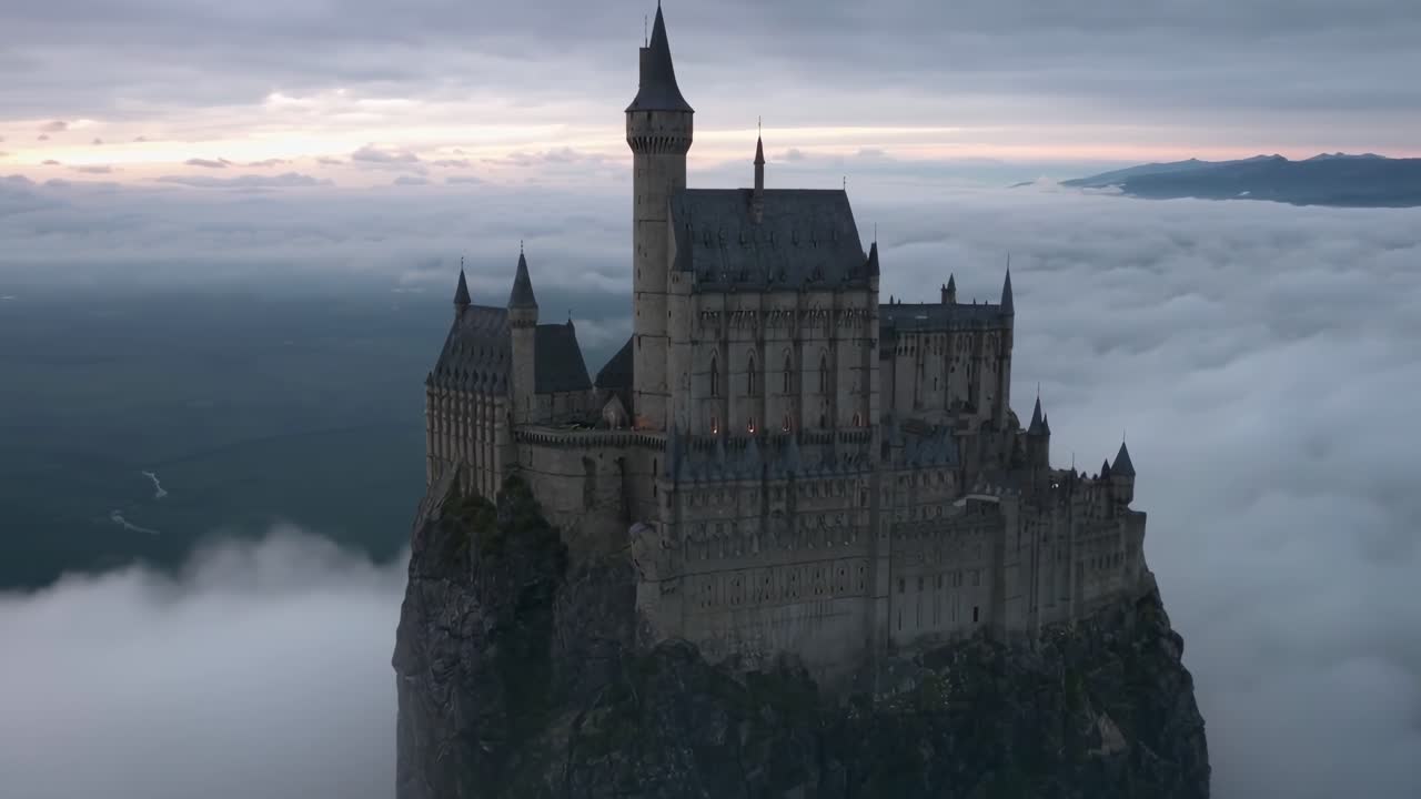 Castillo majestuoso sobre las nubes al amanecer, capturado desde un ángulo alto, ideal para video de fantasía.
