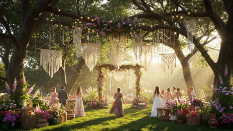 a beautifully decorated outdoor wedding ceremony surrounded by lush greenery and colorful flowers, bathed in soft golden light, creating a magical atmosphere