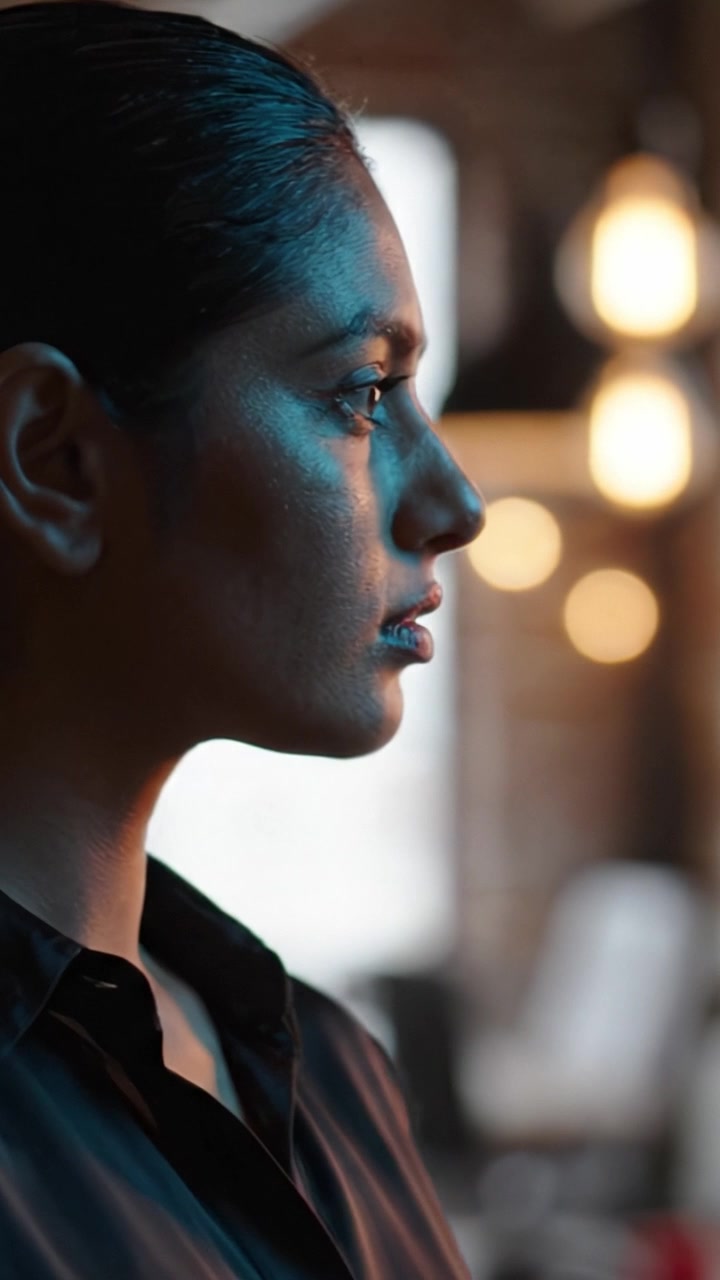 A contemplative profile shot capturing a woman in deep thought, illuminated by warm lighting in a modern setting that emphasizes her serene expression and graceful posture.