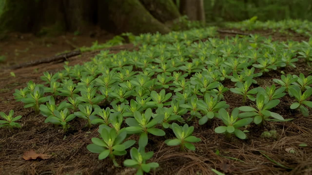 Piante verdi lussureggianti che crescono sul sottobosco.