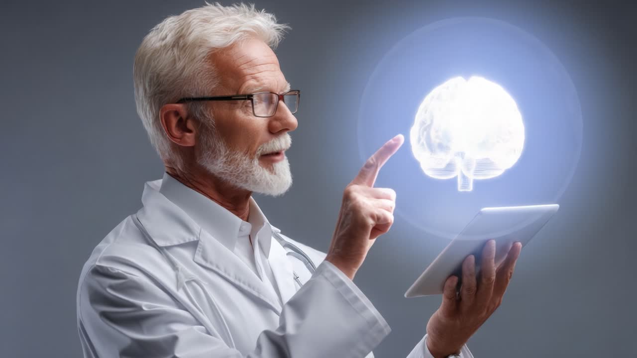 An elderly scientist, dressed in a lab coat, examines a digital tablet displaying a holographic brain, symbolizing advanced research in neuroscience and cognitive function